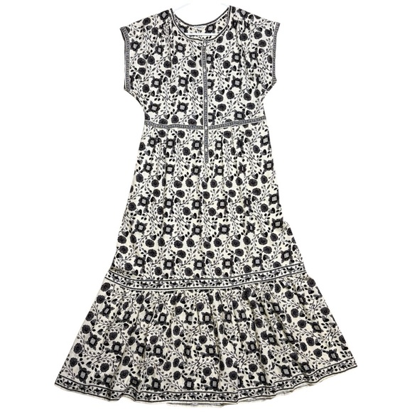 Max Studio London Rayon Floral Short Sleeve Tiered Maxi Dress Black & Cream Sz M - Picture 1 of 14